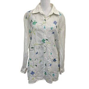 ALLISON TAYLOR 100% Linen Embroidered Floral Colorful Button Up Shirt size Large